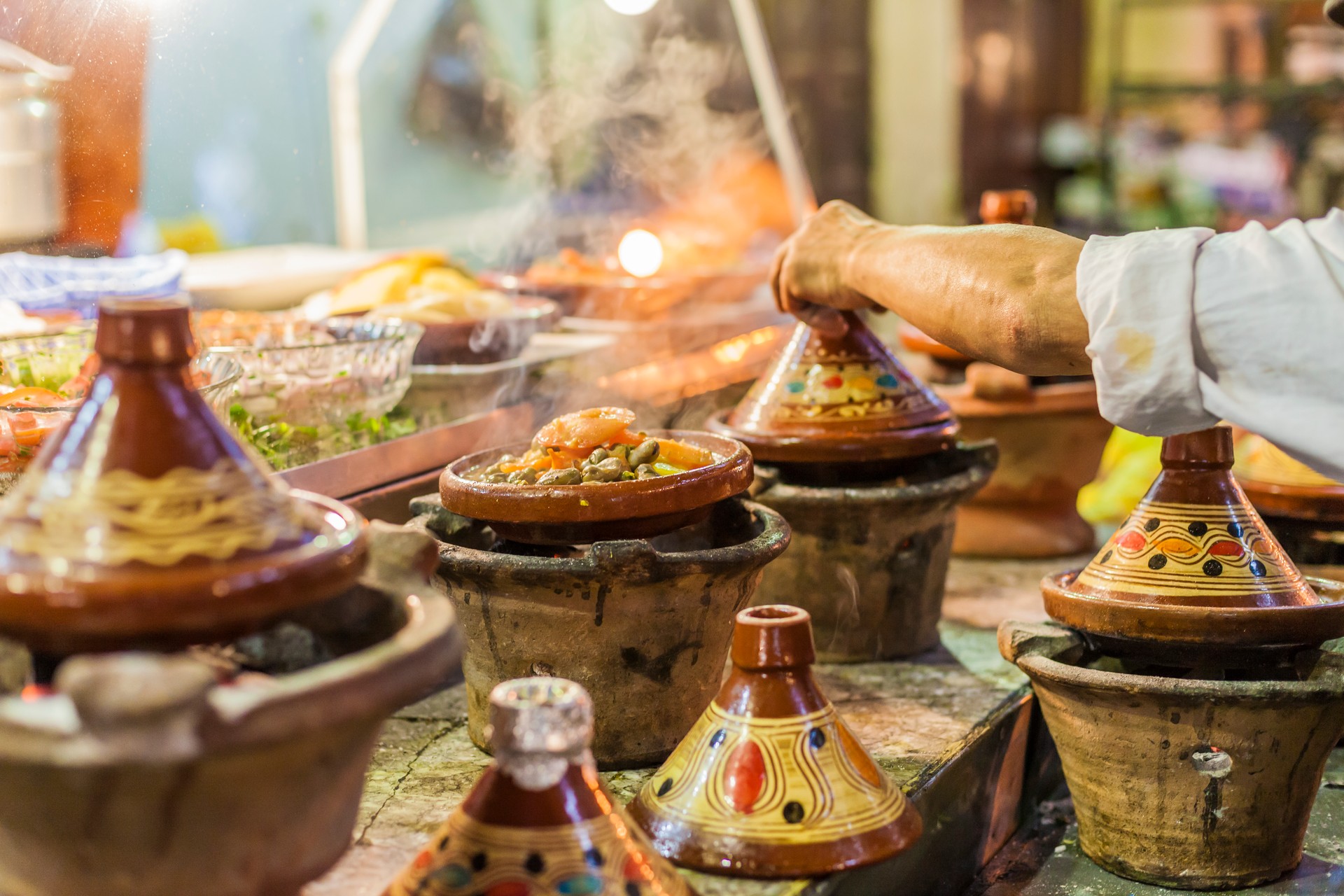 Selection of very colorful Moroccan tajines (traditional casserole dishes)